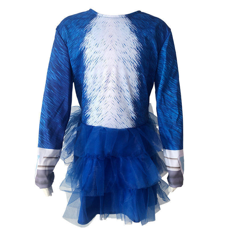 Funny Halloween Cosplay Costumes Blue Color Long Sleeve Hedgehog Tutu Dress With Hat