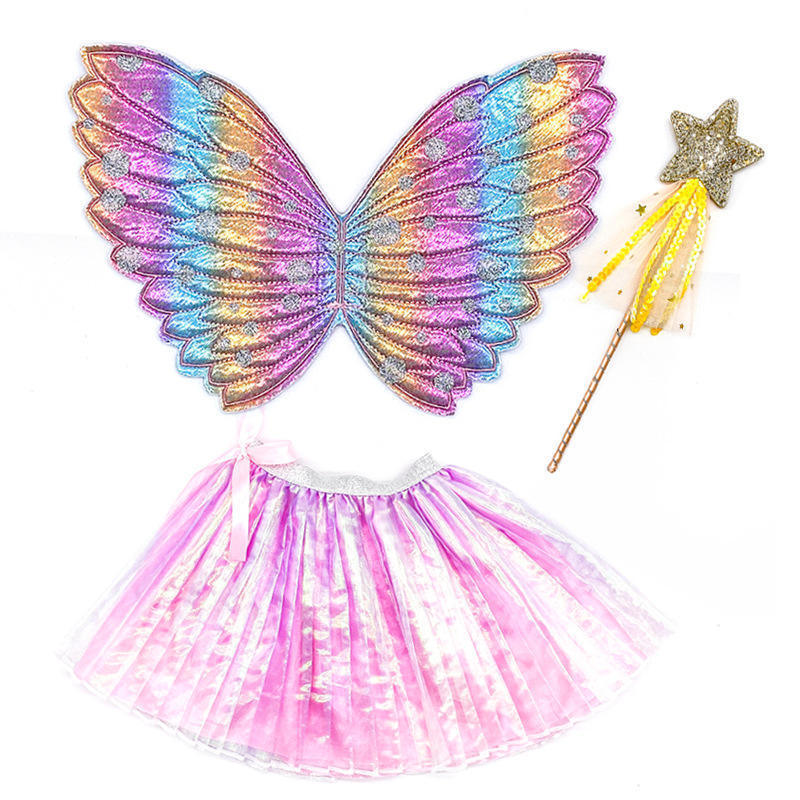 2023 Butterfly Angel Wings Princess Laser Print Skirt Star Fairy Stick Festival Costume Kids Party Dress Up