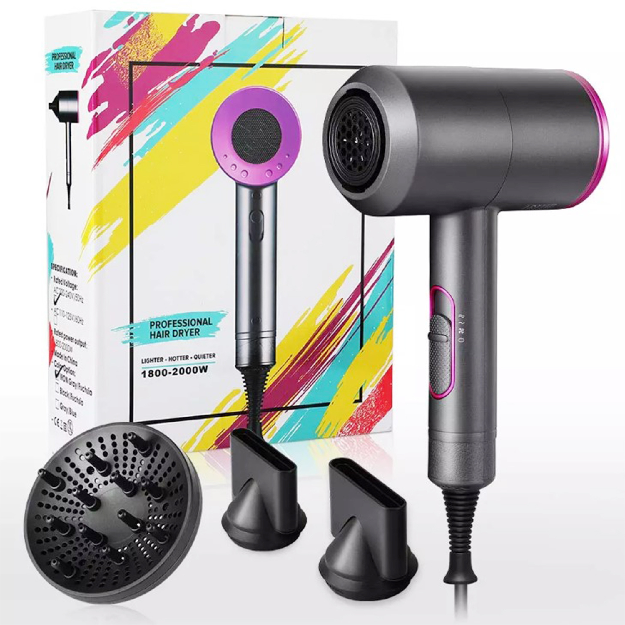 Strong Wind Professional Cheap Hair Dryer Hot and Cold Air Negative Ion Hair Dryer LED Electric Battery 30 Plastic Diffuser D087