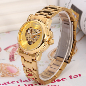 Lady watch Winner Golden Heart Shape Skeleton With Gold Stainless Steel Bracelet ,jam tangan wanita