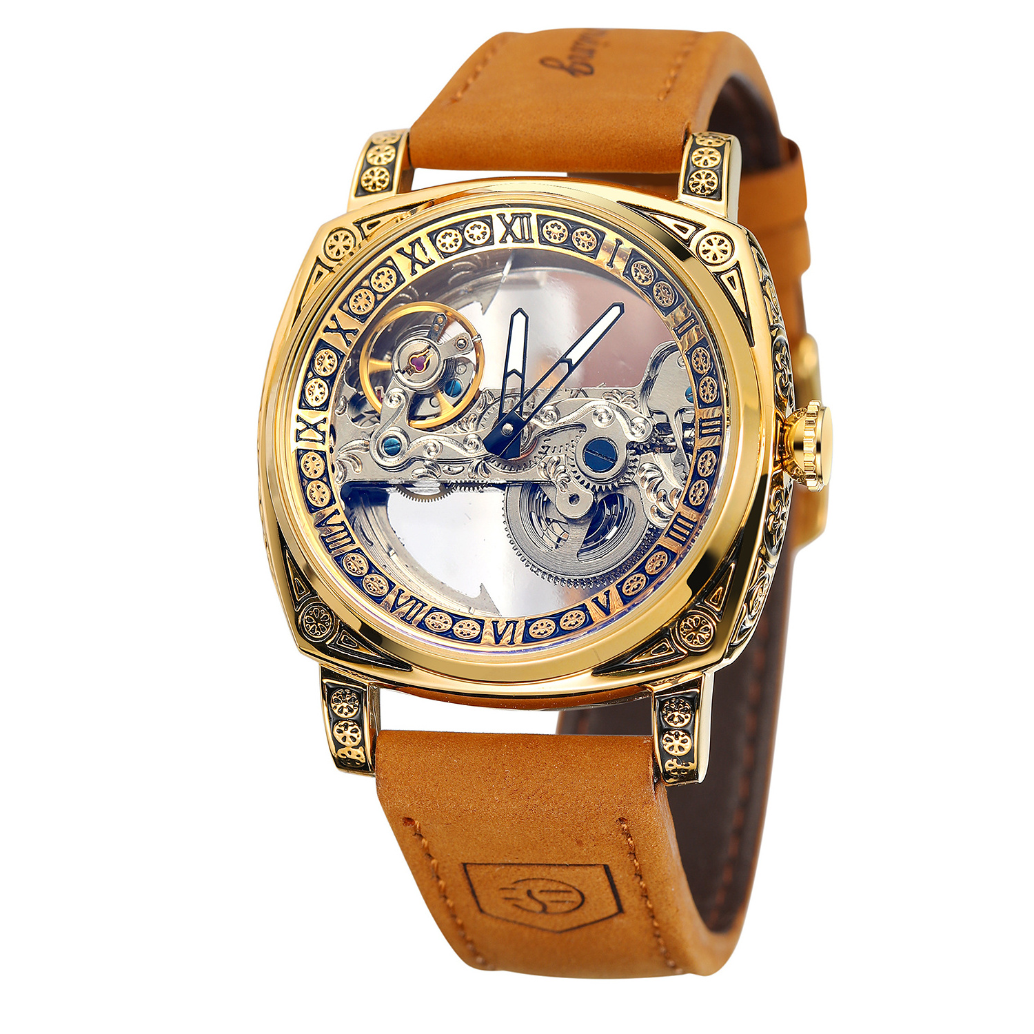 2024 New Design Forsining Factory Skeleton Automatic Men Watch Brown Genuine Leather Wrist Watch For Men