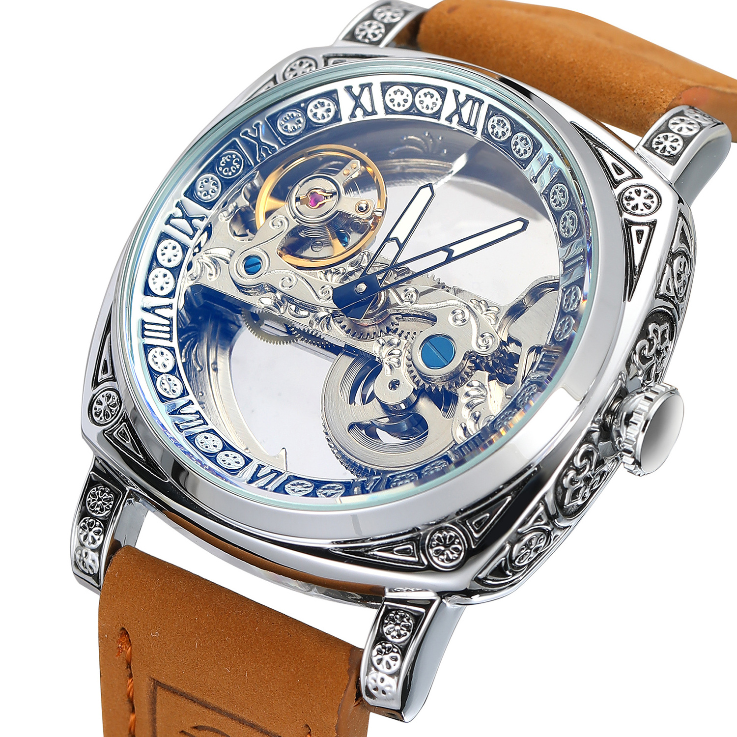 2024 New Design Forsining Factory Skeleton Automatic Men Watch Brown Genuine Leather Wrist Watch For Men