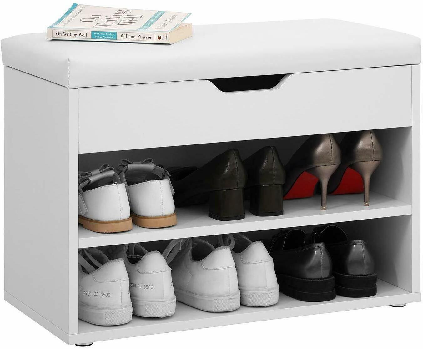 Modern White Hallway Entryway Entrance Shoe Bench Cabinet Storage Rack Shelf Seat Cushion Shoes Organizer