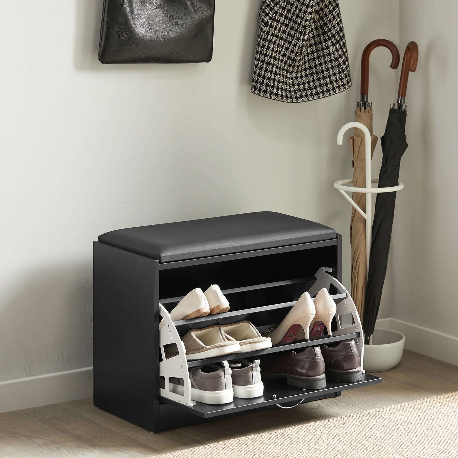 Hallway Entrance Entryway Ultra Thin Slim Folding Foldable Tipping Shoe Cabinet Storage Furniture Rack Bench Black White