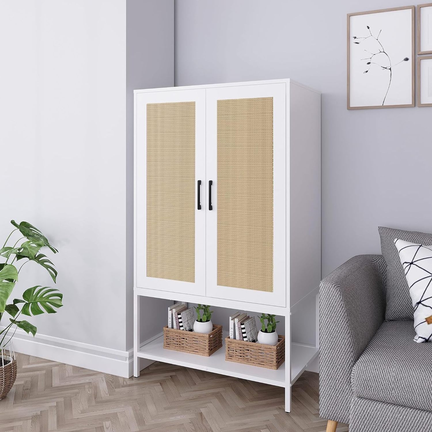 Nordic Solid Wood Frame Bedroom Furniture Clothes Cabinet Rattan Clothes Wardrobe Cabinet Cane Closet for Storage Cabinet Modern