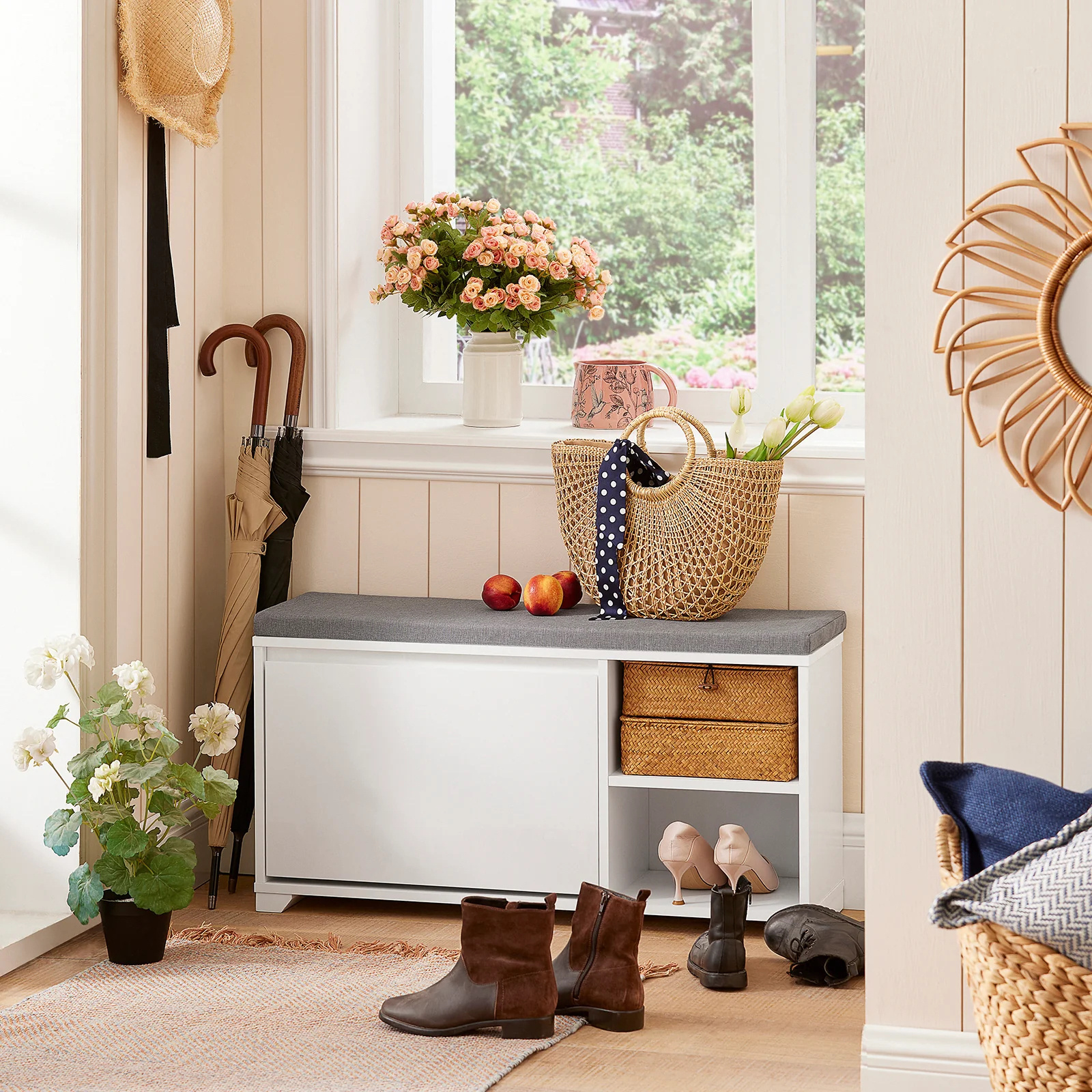 Hallway Entrance Entryway White Solid Wood MDF Wooden Shoe Cabinet Rack Modern Wooden Furniture Storage Drawers Cushion Bench