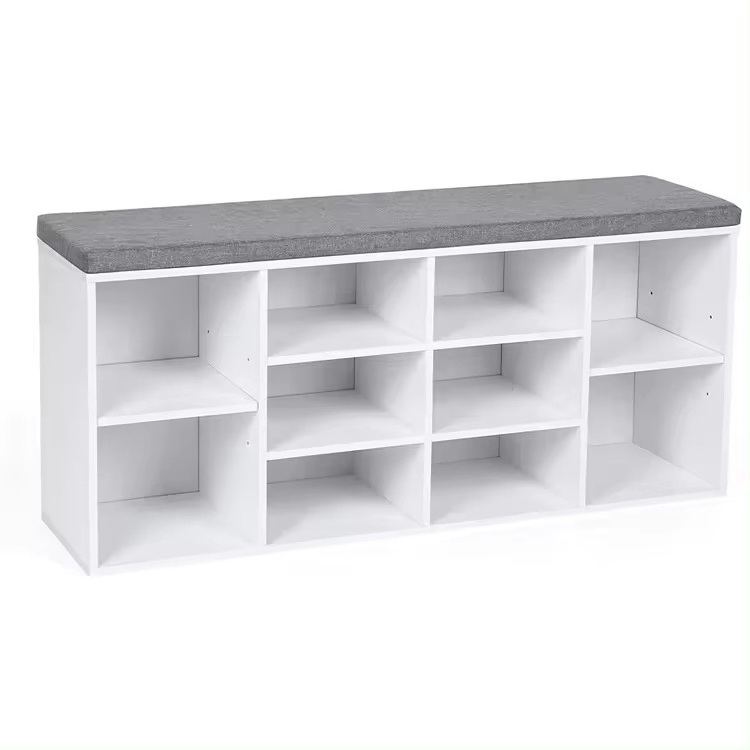 Modern Entryway MDF Wood White Black Living Room 10 Compartments Shoe Storage Cabinet Shoe Shelf Rack Shoe Bench with Cushion