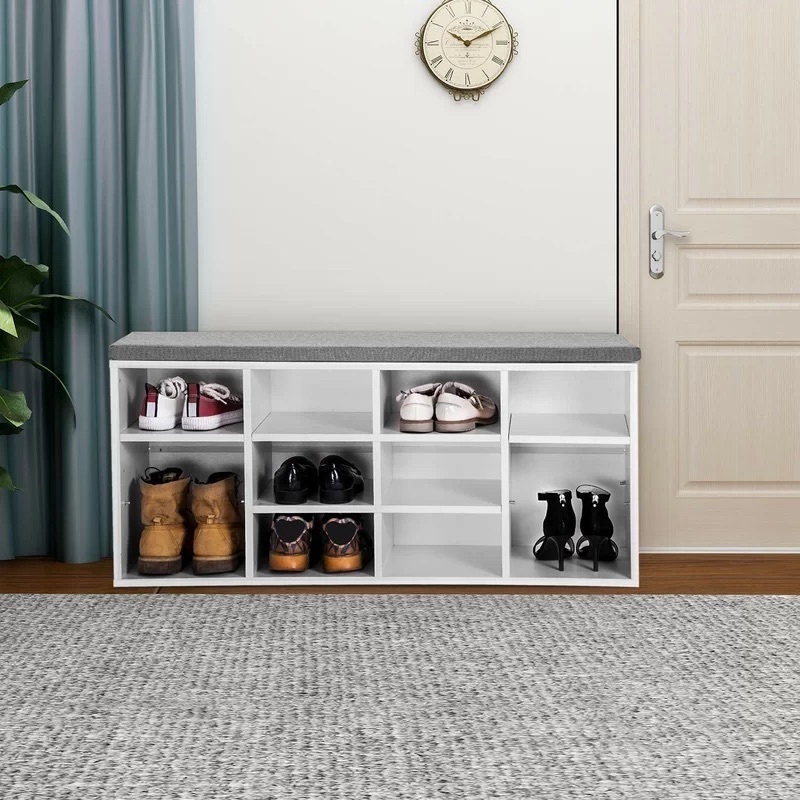 Modern Entryway MDF Wood White Black Living Room 10 Compartments Shoe Storage Cabinet Shoe Shelf Rack Shoe Bench with Cushion