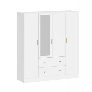 White MDF OEM Mirror Wardrobe Wooden Closet Storage Four Door Two Drawer Cardboard Wardrobe Bedroom Furniture with Mirror