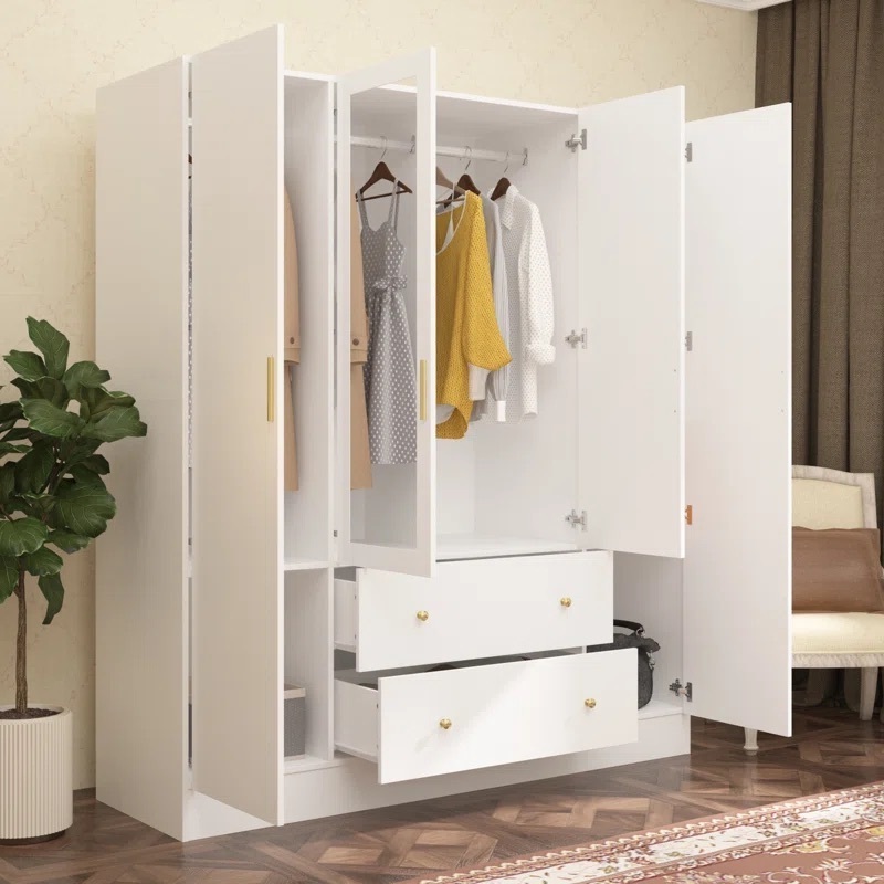 White MDF OEM Mirror Wardrobe Wooden Closet Storage Four Door Two Drawer Cardboard Wardrobe Bedroom Furniture with Mirror