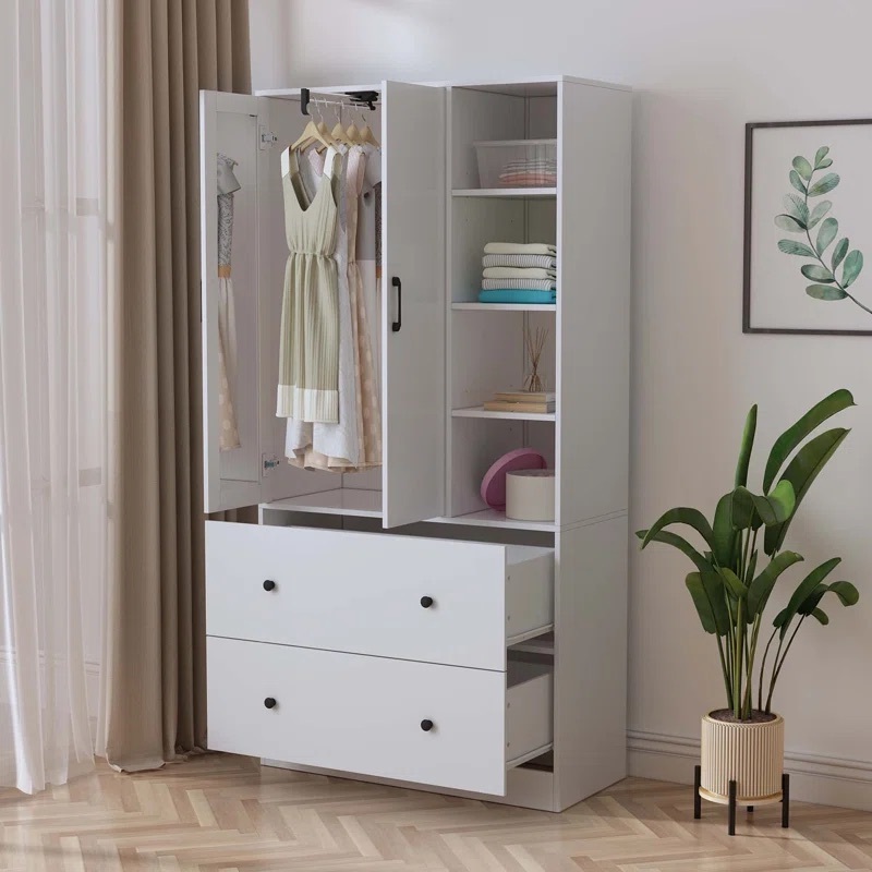 Clothes Clothing Closet Storage Wardrobe Closet Cabinet Clothes 2 Door 2 Drawers Mirror Door Shelf Design Room Furniture Bedroom