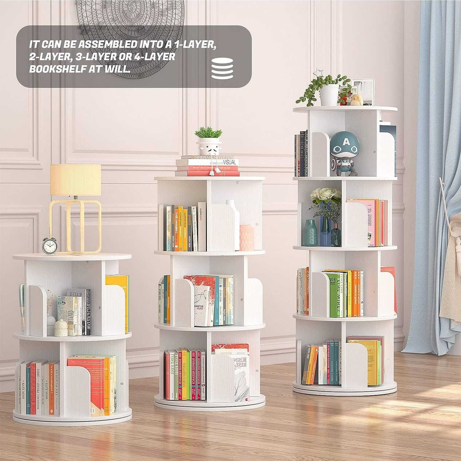 Modern Tall Revolving Rotating MDF Wood OEM Storage Cabinet Tree Corner Office Wall Modular Cube Bookcase Bookshelf Living Room