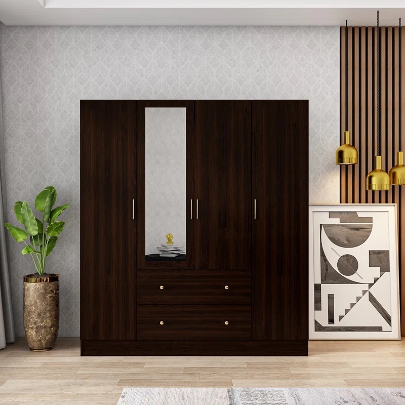 Brown MDF OEM Mirror Wardrobe Solid Wood Wooden Closet Four Door Two Drawers Cardboard Wardrobe Bedroom Furniture with Mirror