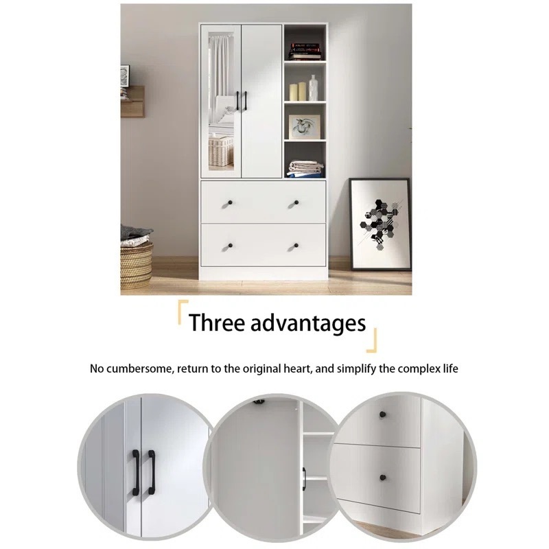 Clothes Clothing Closet Storage Wardrobe Closet Cabinet Clothes 2 Door 2 Drawers Mirror Door Shelf Design Room Furniture Bedroom