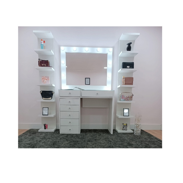 Modern Glass Top Makeup Dresser Vanity Dressing Table Makeup Dressing Set Mirror Led Lights Stool Storage Shelf 7 Drawers