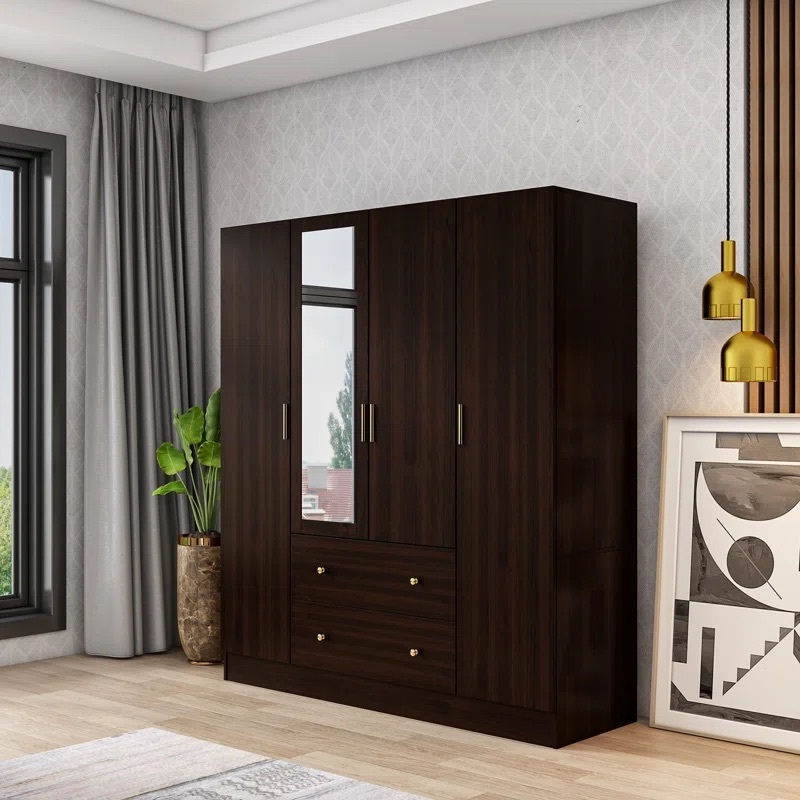 Brown MDF OEM Mirror Wardrobe Solid Wood Wooden Closet Four Door Two Drawers Cardboard Wardrobe Bedroom Furniture with Mirror