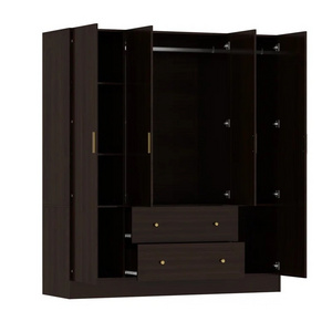 Brown MDF OEM Mirror Wardrobe Solid Wood Wooden Closet Four Door Two Drawers Cardboard Wardrobe Bedroom Furniture with Mirror