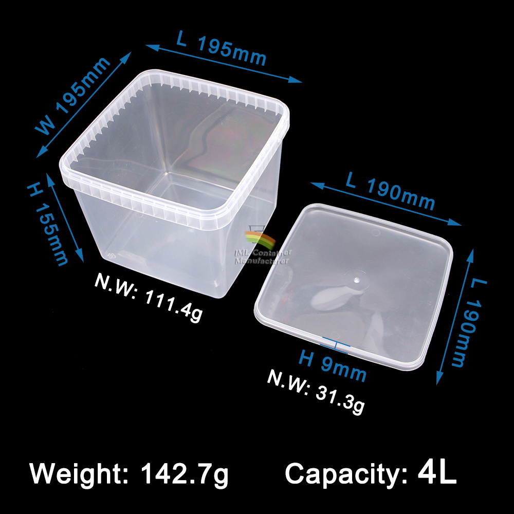 1L 2.5L 4L PLastic Bucket Food Grade CLear Square Cookie Packaging Boxes Custom IML Jam Buckets PP PLastic Ice Cream Tub