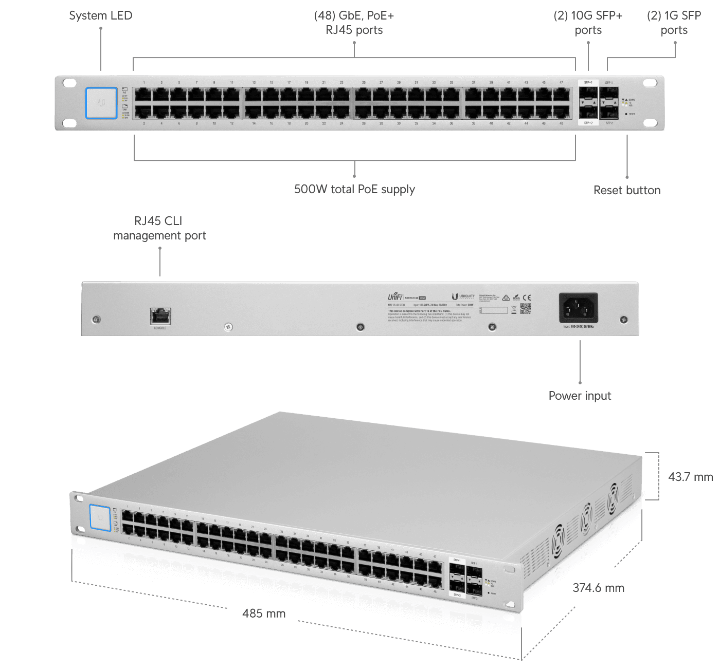 Good Sell Ubiquiti US-48-500W  Layer 2 POE Switch With (48) GBE POE And 24V Passive POE RJ45 Ports (2) 1G SFP Ports And (2) 10G