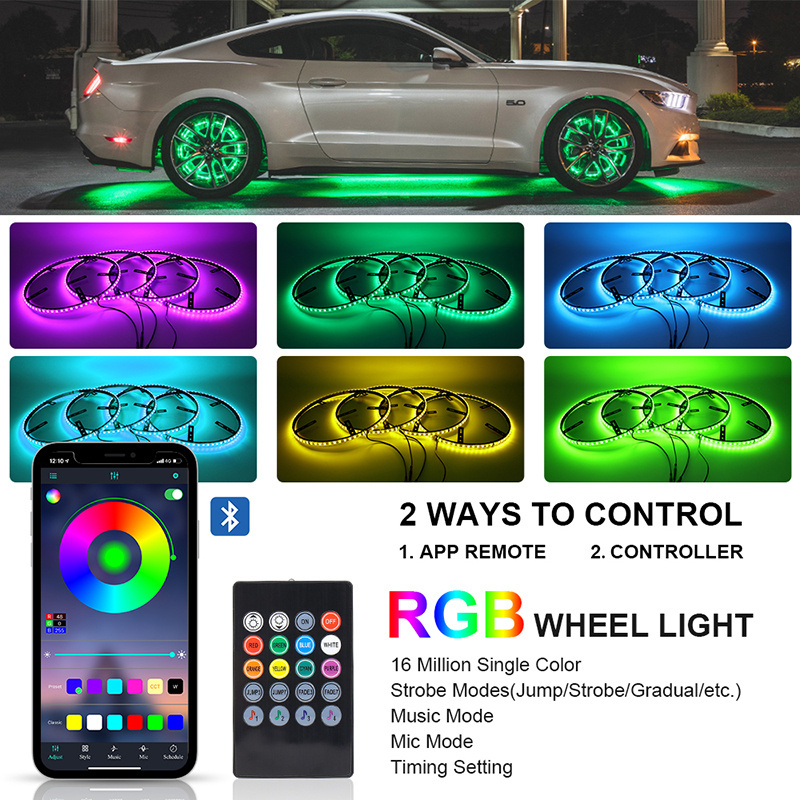 APP Control Waterproof IP68 Dream Chasing Color Flow Double Row Led Wheel Ring Lights Car Tire Lights For Truck All Jeep Offroad