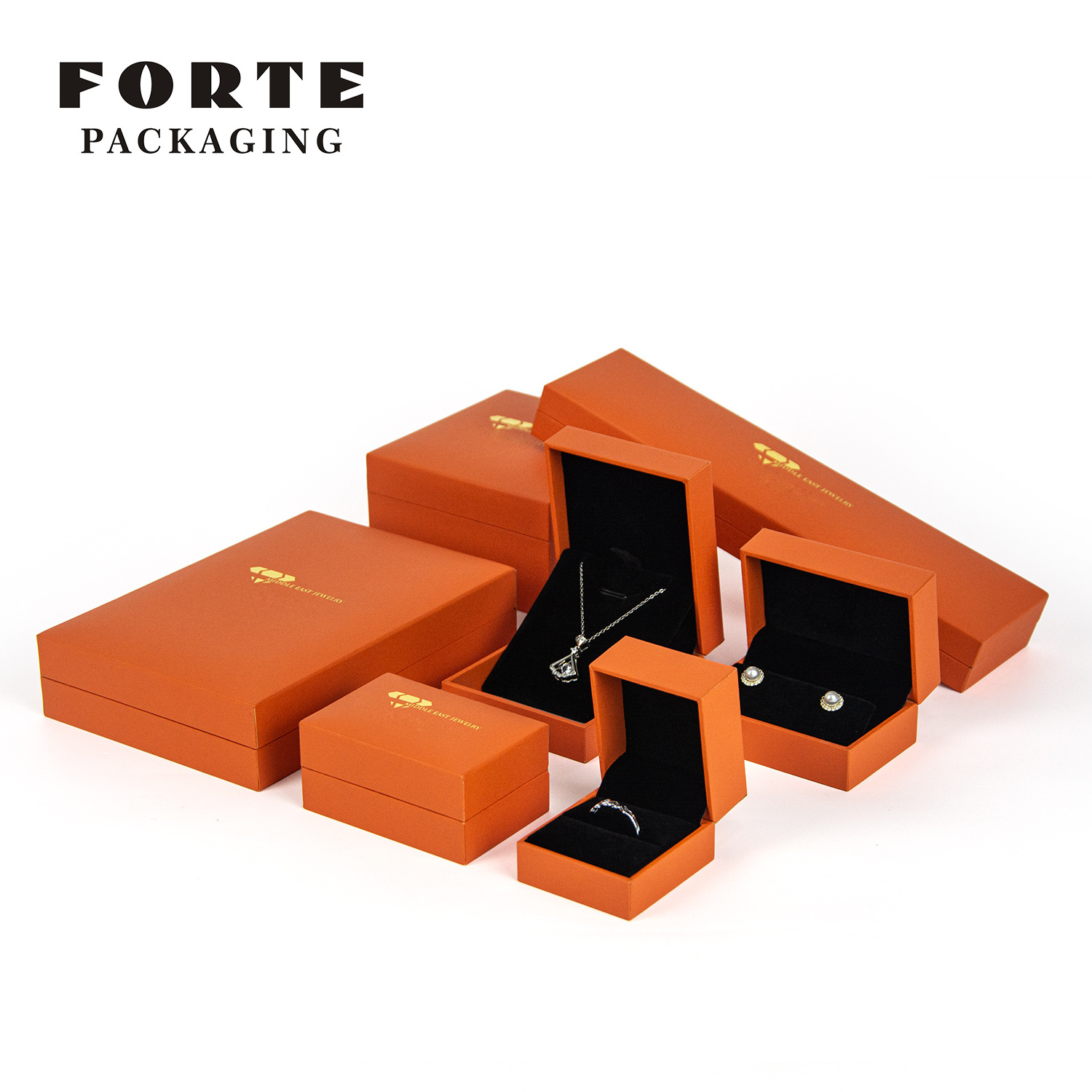 Forte Hot Sale Custom Orange Jewelry Packaging Velvet Luxury Jewelry Box Ring Box jewelry packaging