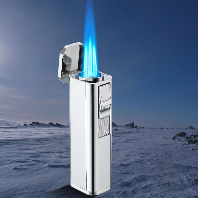 Flame inflatable windproof straight punch lighter 3 fire blue flame light cigar high temperature flame spray gun wholesale