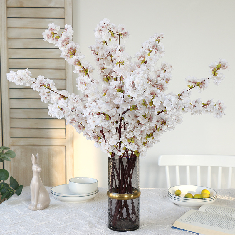 Wedding Wall Decoration 4 Fork Silk White Cherry Blossom Branches Artificial Silk Sakura