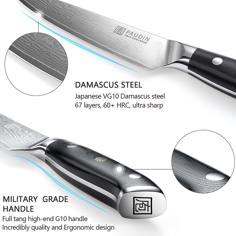 C6 Ultra Sharp 5 Inch kitchen Knife 67-layers Damascus Steel Blade G10 Fiberglass Handle OEM Chefs Knife Utility Knife