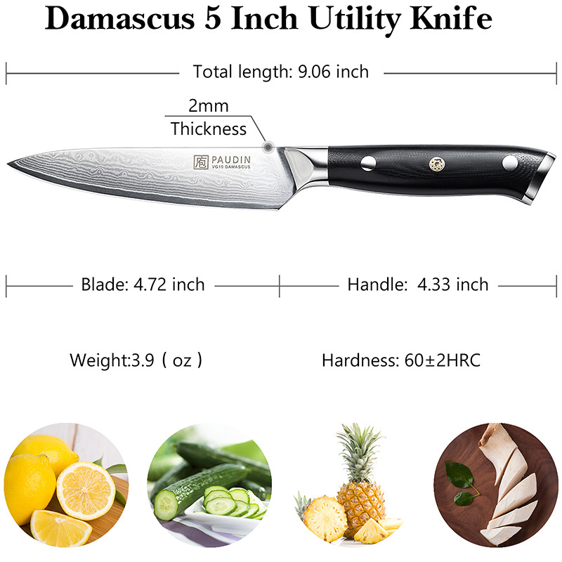 C6 Ultra Sharp 5 Inch kitchen Knife 67-layers Damascus Steel Blade G10 Fiberglass Handle OEM Chefs Knife Utility Knife