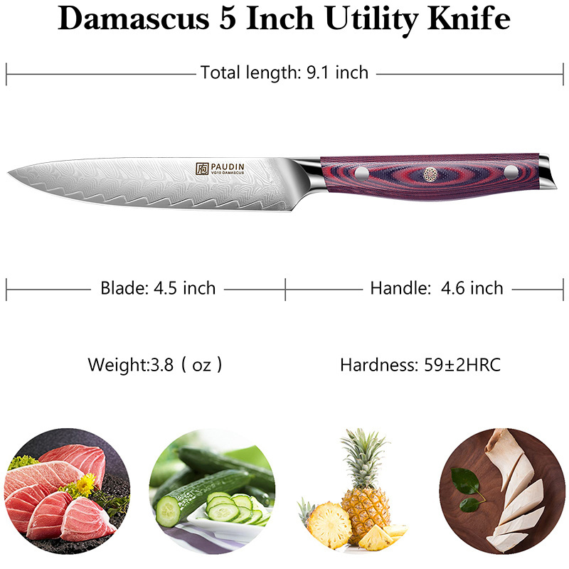 P6 High Quality 5 Inch kitchen Knife 67-layers Damascus Steel Blade G10 Fiberglass Handle OEM Chefs Knife Utility Knife