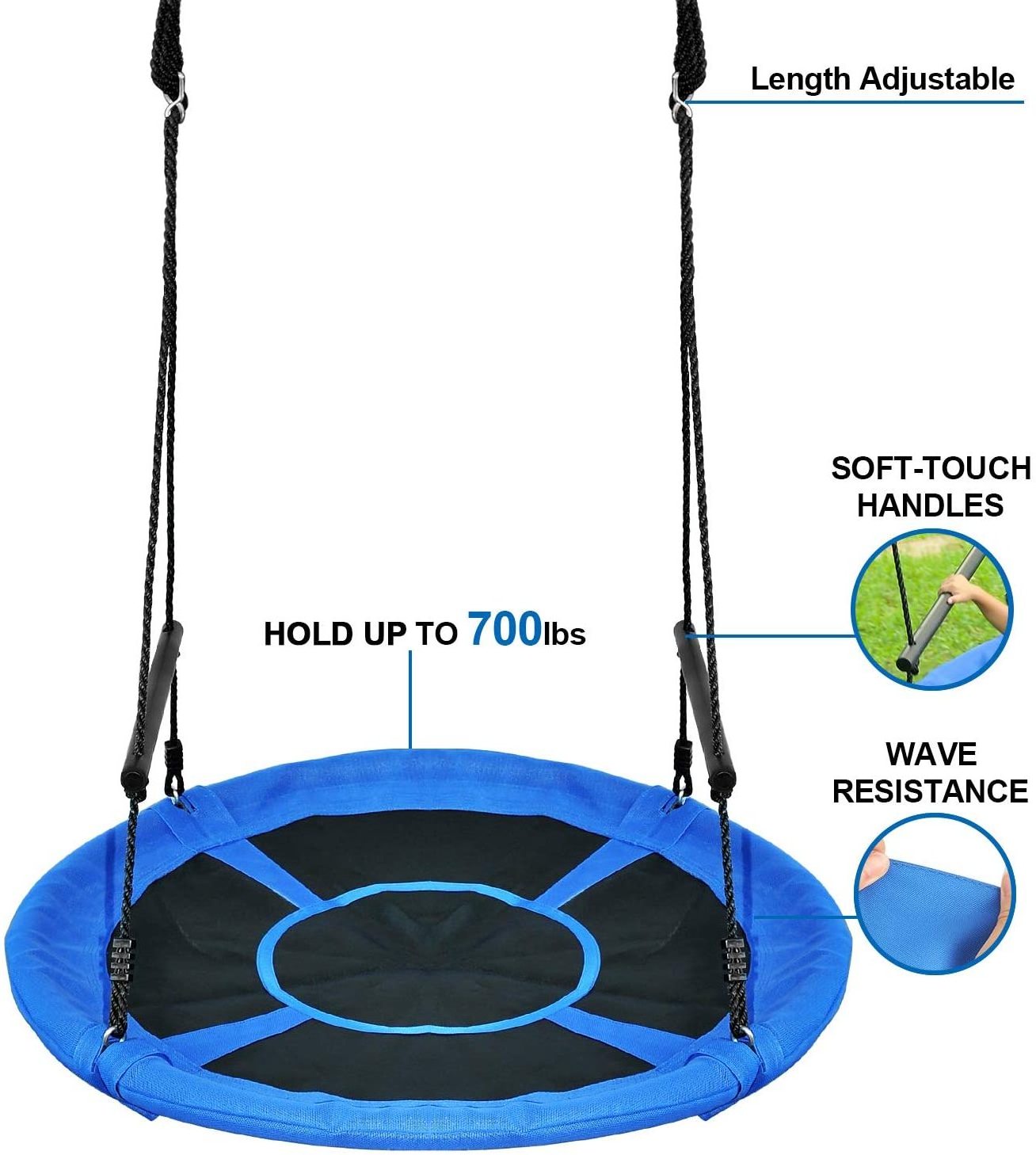 Blue Saucer Tree Swing Set Heavy-Duty Waterproof Oxford Fabric Platform Swing Seat with Carabiners and Adjustable Ropes for