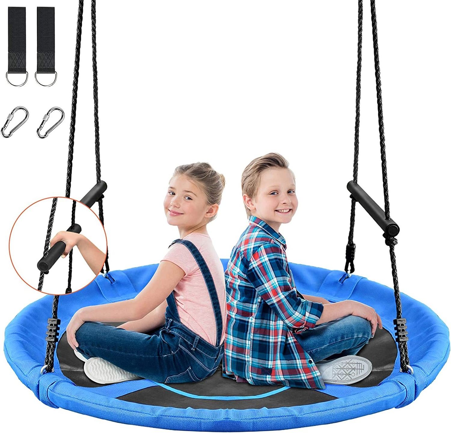 Blue Saucer Tree Swing Set Heavy-Duty Waterproof Oxford Fabric Platform Swing Seat with Carabiners and Adjustable Ropes for