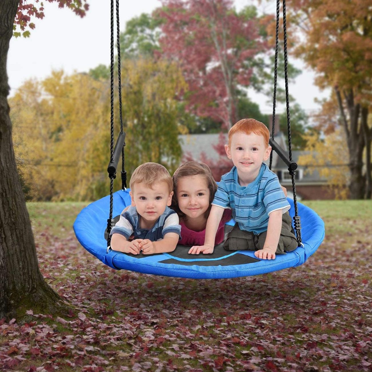 Blue Saucer Tree Swing Set Heavy-Duty Waterproof Oxford Fabric Platform Swing Seat with Carabiners and Adjustable Ropes for