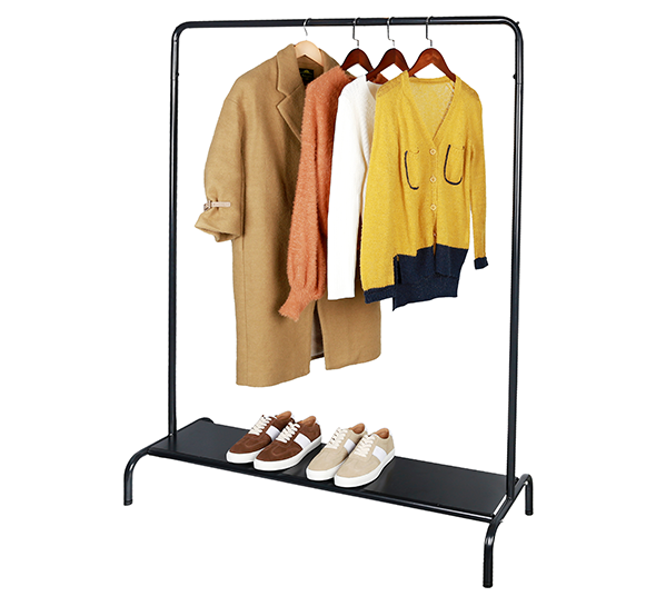 Metal clothes display rack / Hanging clothing rack with metal floor / Cloth display stand with shoe display