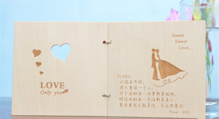 New Item laser cut wood wedding greeting card