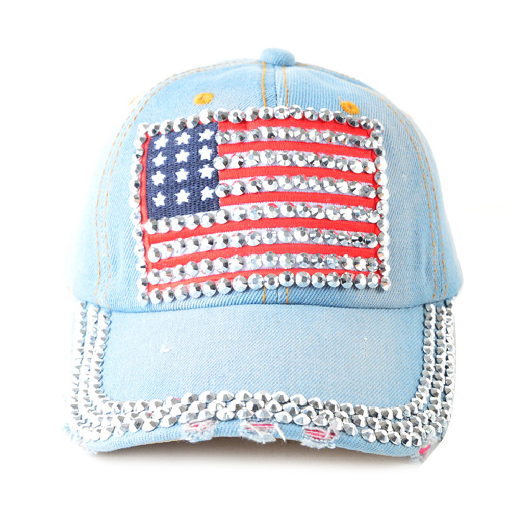 Women  Denim Rhinestone Vintage Embroidered Quick Dry Hats Custom Logo Polyester Baseball Cap  Manufacturer