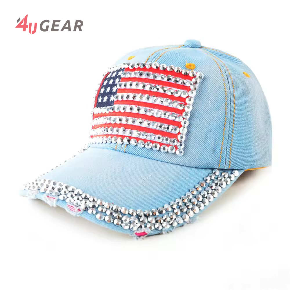 Women  Denim Rhinestone Vintage Embroidered Quick Dry Hats Custom Logo Polyester Baseball Cap  Manufacturer