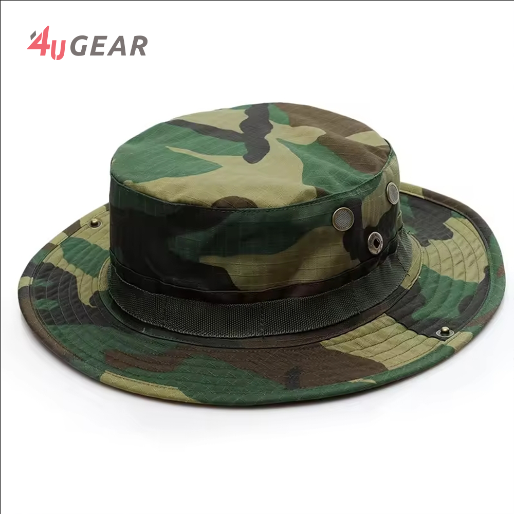 Fashion Professional Protection Wholesale Blank Custom Logo Designer Polyester Mens Round Brim Camouflage Hat Bucket With String