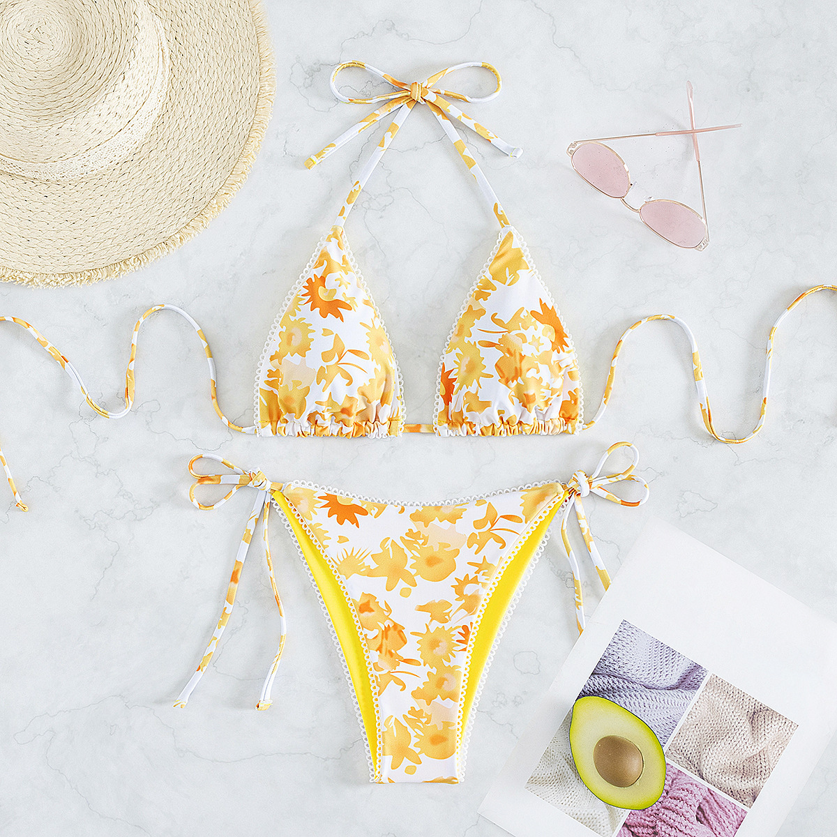 Foruixi Y844 Womens Two Piece Swimsuits Triangle Top Side Tie Bottom Bikini Floral Printed Swimwear Custom With Logo