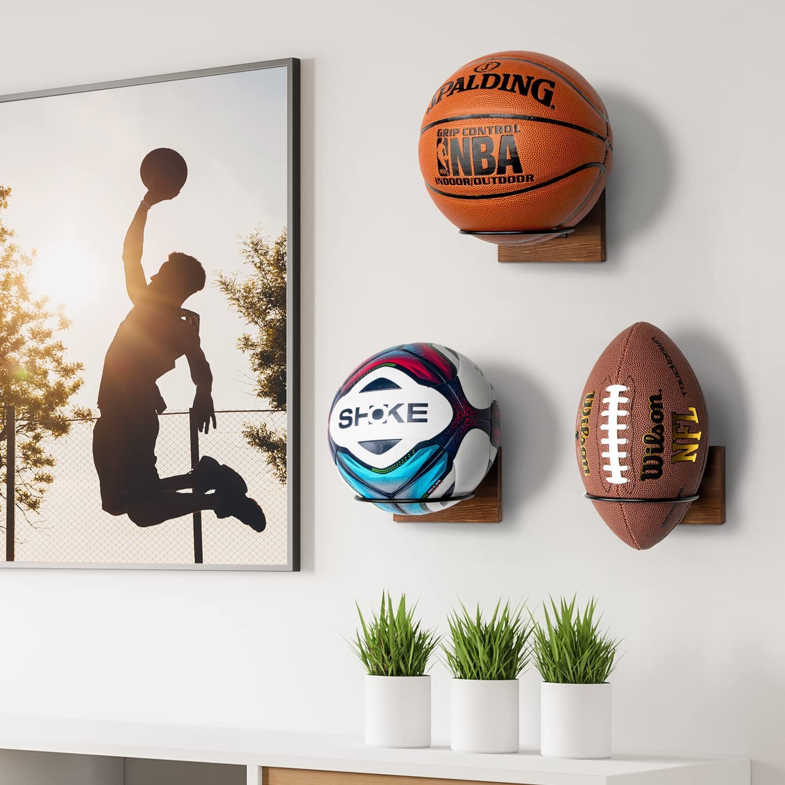 Factory Price Basketball Football Soccer Volleyball Rustic Brown Wooden Wall Mount Holder Wood Metal Ball Display Storage Rack