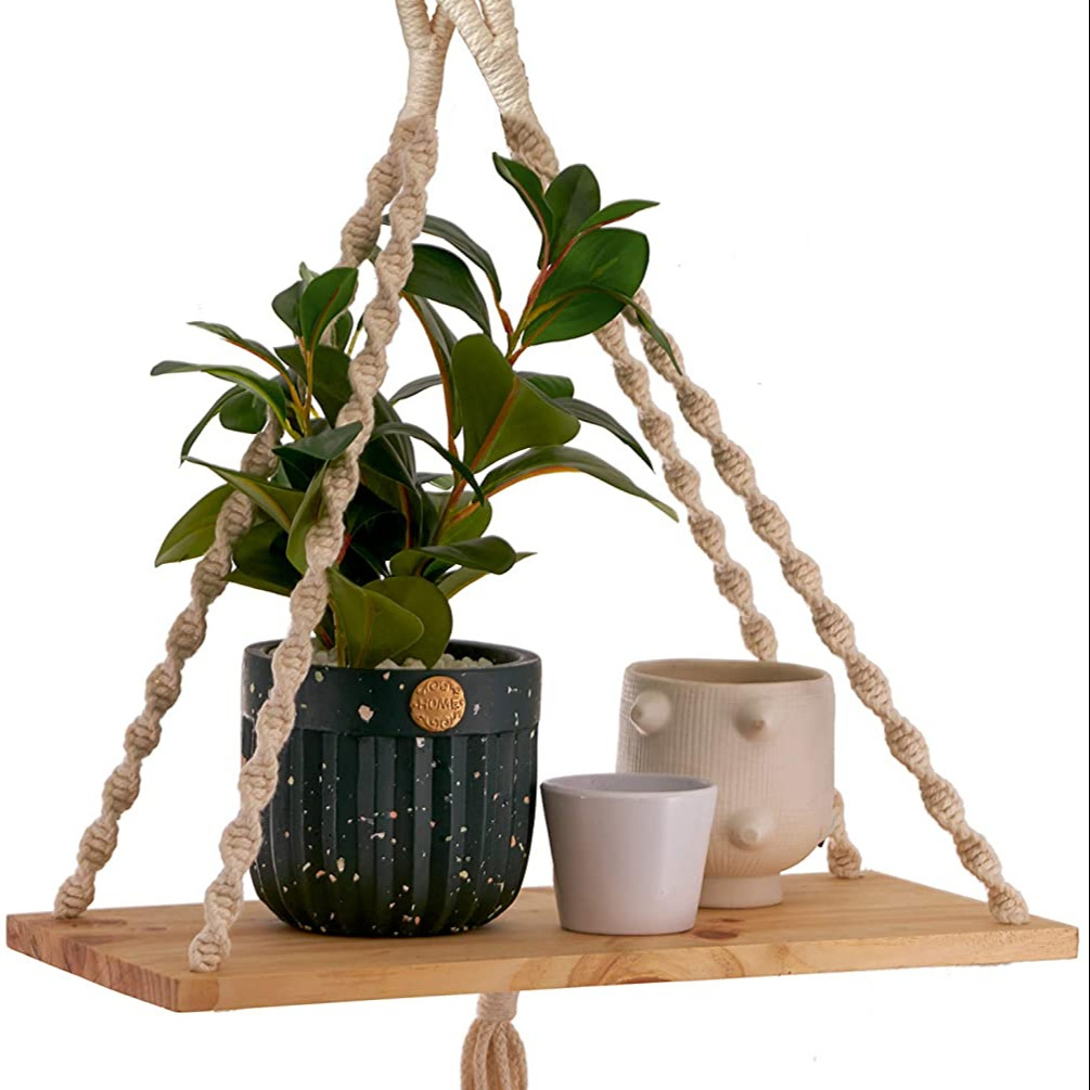 Wooden Hanging Floating Shelf 2 Piece Set Wall Rope Shelf Indoor and Outdoor Hanging Plant Rack Stand Flower Pot