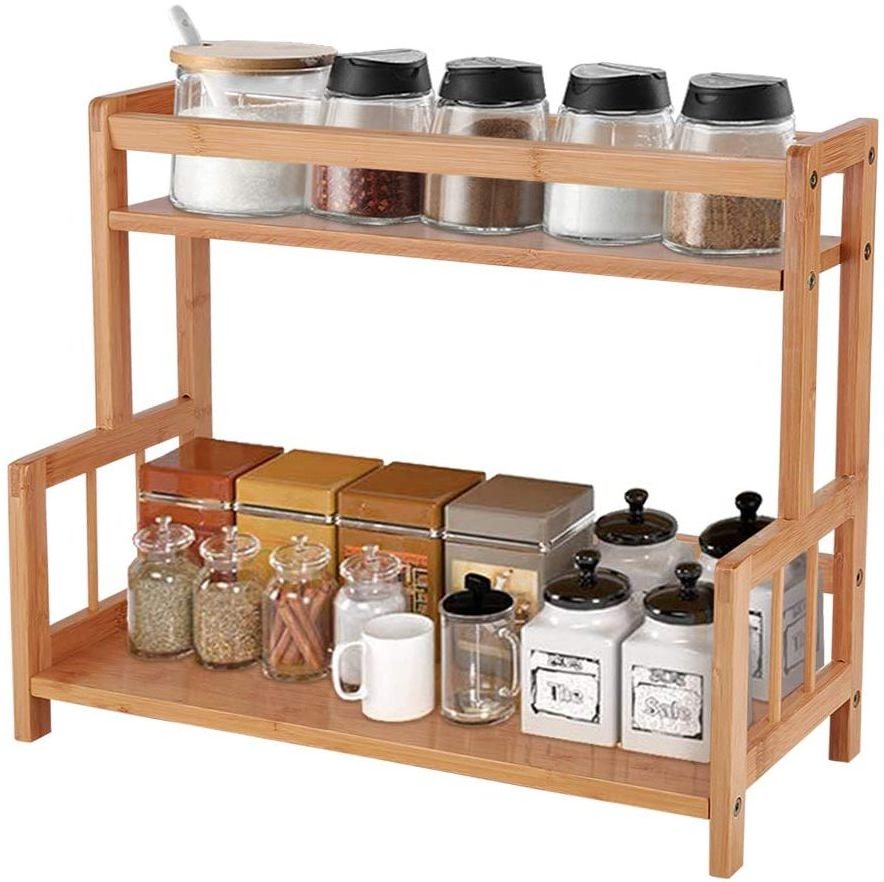 Kitchen Wooden Spice Storage Rack 2 Tier Bamboo Spice Storage Rack