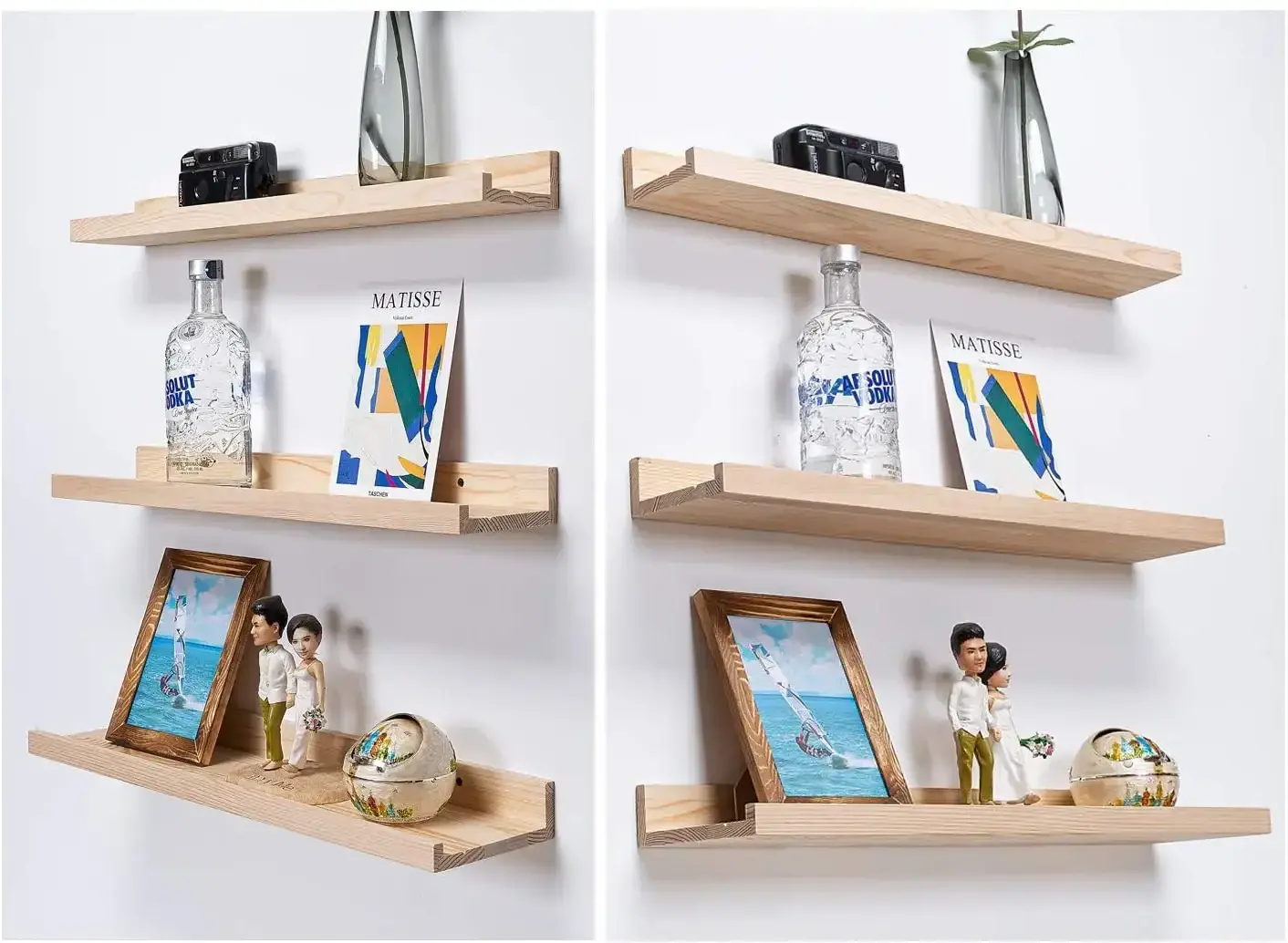 Floating Shelves Natural Wood Wall Hanging Set of 3, Wooden Large Picture Edge Shelves