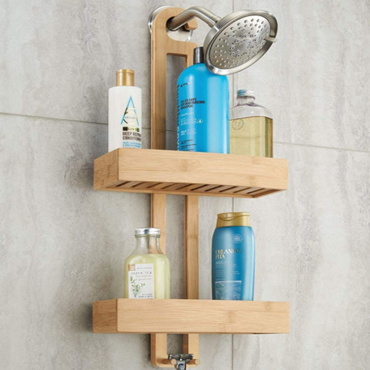 Nature Bamboo 2 Storage Box Conditioner Organizer  Bamboo Hanging Shower Rack With Hook