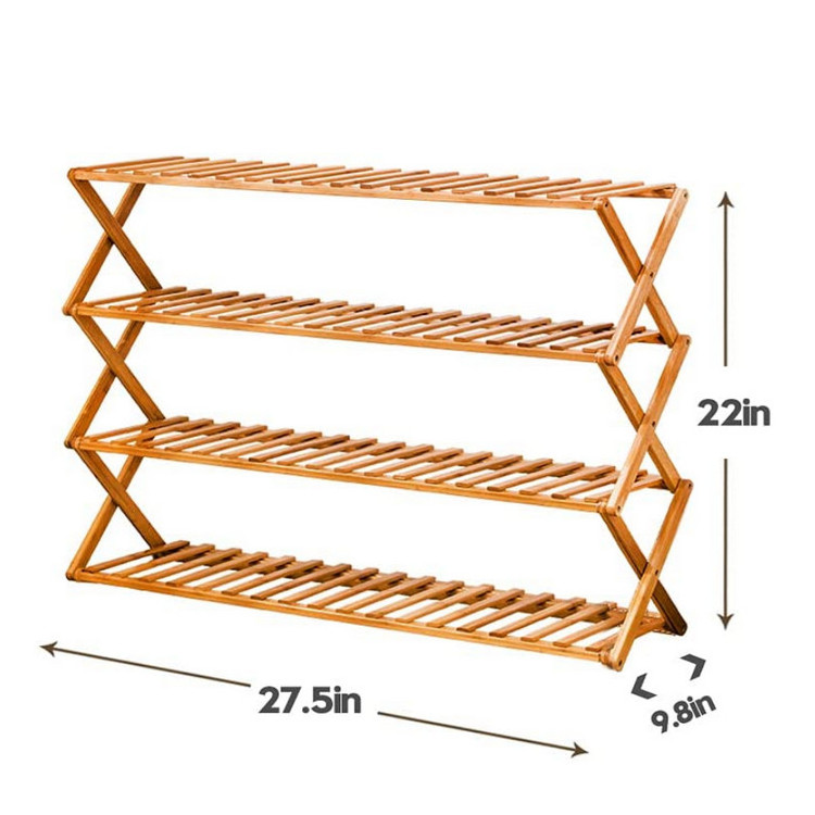 Wholesale Custom Modern Bamboo Wooden Foldable Portable 4 Tier Multifunctional Organizer Adjustable Folding Shoe Rack