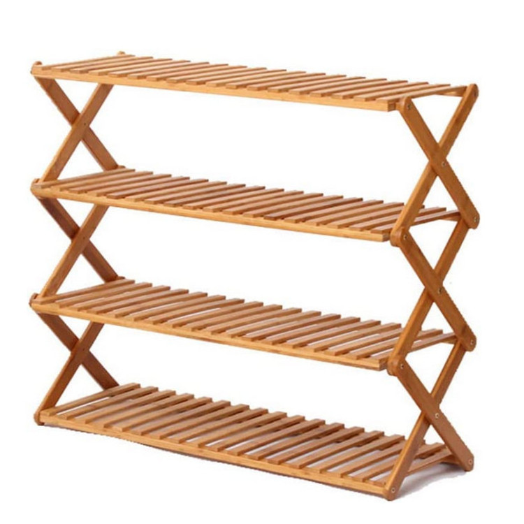 Wholesale Custom Modern Bamboo Wooden Foldable Portable 4 Tier Multifunctional Organizer Adjustable Folding Shoe Rack