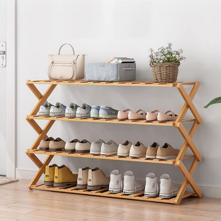 Wholesale Custom Modern Bamboo Wooden Foldable Portable 4 Tier Multifunctional Organizer Adjustable Folding Shoe Rack