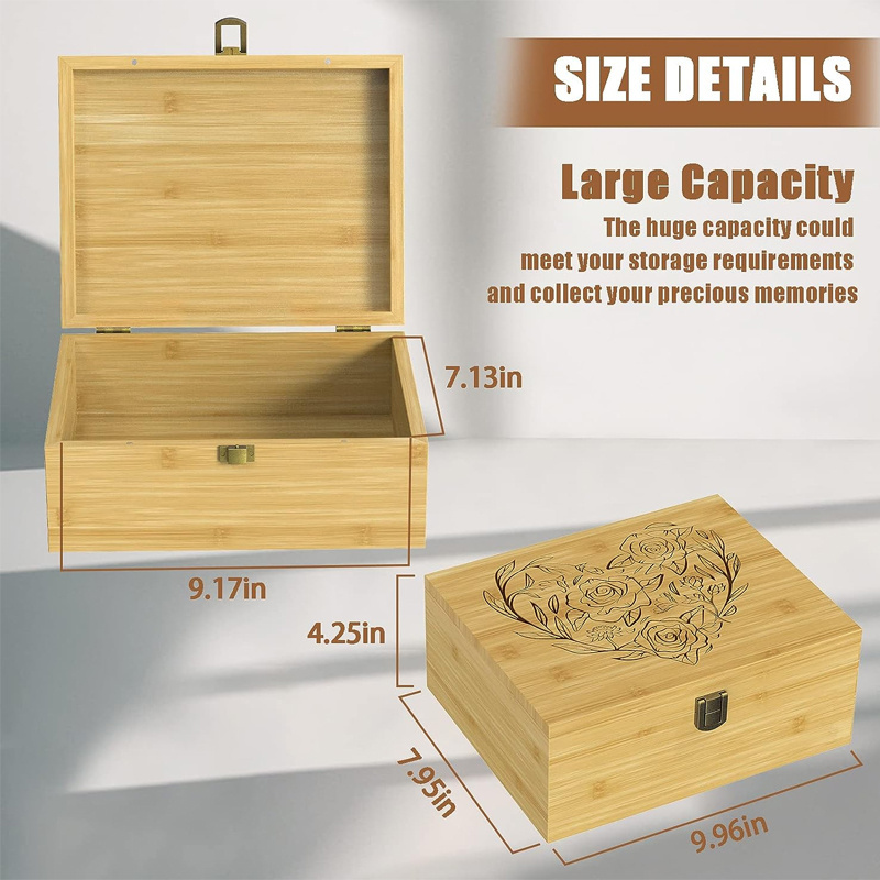 Decorative Bamboo Boxes with Hinged Lid and Latch for Memories of Relatives, Precious Item Wooden Keepsake Box