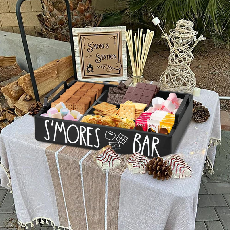 Wooden S'mores Bar Station, Smores Caddy Holder with Handles for Counter, Farmhouse S'mores Serving Tray for Kitchen