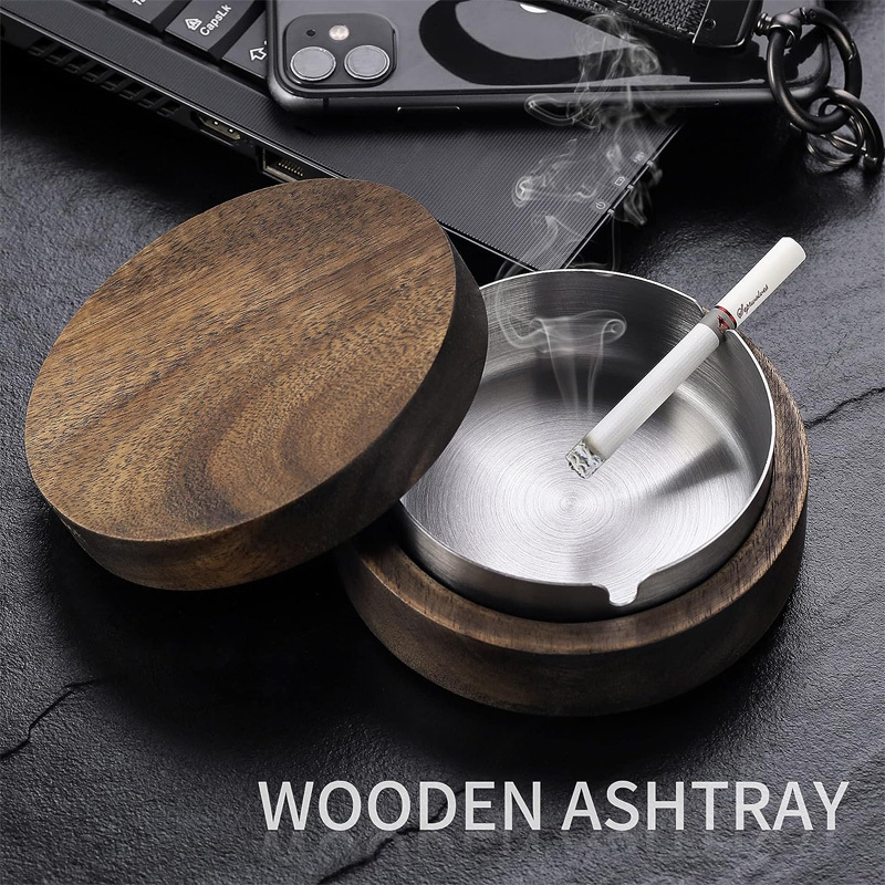 Stainless Steel Liner Ash Tray Windproof Durable Easy to Clean Cool Ashtrays for Smokers Wooden Ashtray with Lid